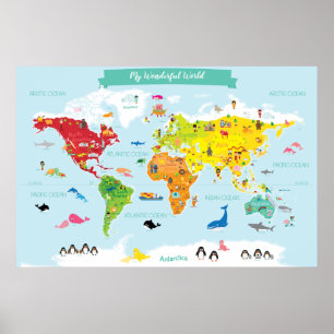 Heldere Wereldkaart voor kinderen met illustraties Poster