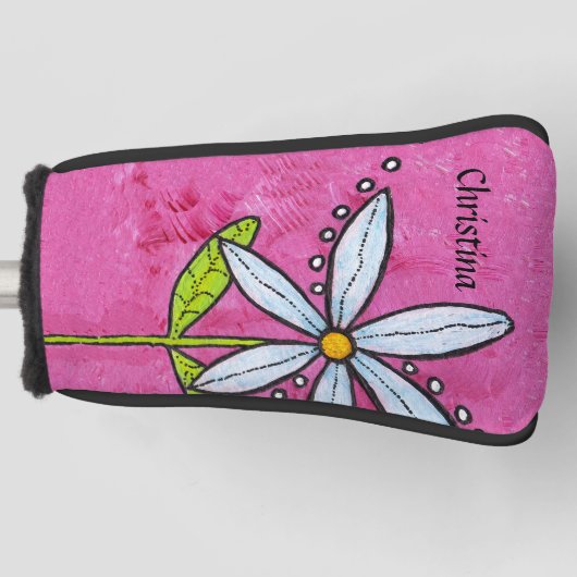 Heldere witte feestbloem roze golfheadcover (Voorkant)