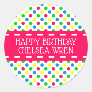 Heldere zomer polka stippen op wit gepersonaliseer ronde sticker