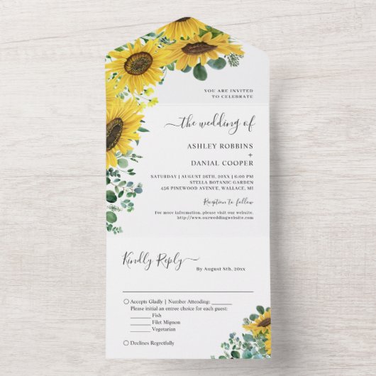 Heldere zonnebloem Greenery Eucalyptus Wedding All In One Uitnodiging (Binnen)