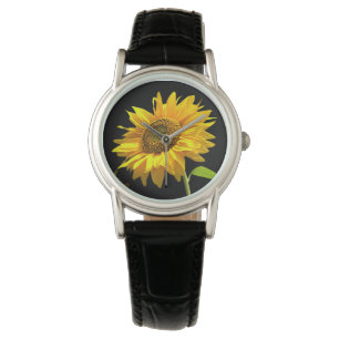Heldere zonnebloem op zwarte achtergrond horloge