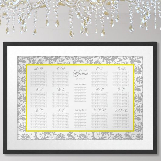 Heldergeel en grijs Zitplaatskaart Alfabetisch Poster