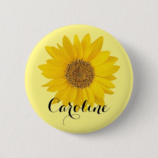 Heldergeel zonnebloem met aangepaste naam ronde button 5,7 cm (Voorkant)