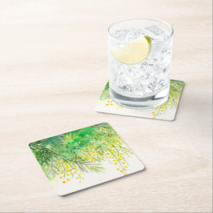 Heldergele Mimosa Waterverf Bloemenschilderij Vierkante Kartonnen Onderzetter