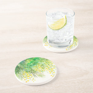 Heldergele Mimosa Waterverf Bloemenschilderij Zandsteen Onderzetter