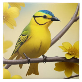 Heldergele zangvogel neergestreken op een tak tegeltje