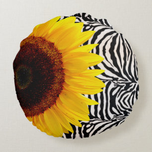 Heldergele zonnebloem op Zebra Print Stripes Rond Kussen