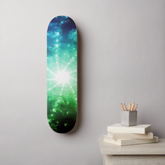 Heldergroen blauw licht aan het einde van de tunne skateboard (Muurkunst)