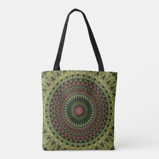 Heldergroen zwart en rood Mandala Retro Design Draagtas (Achterkant)