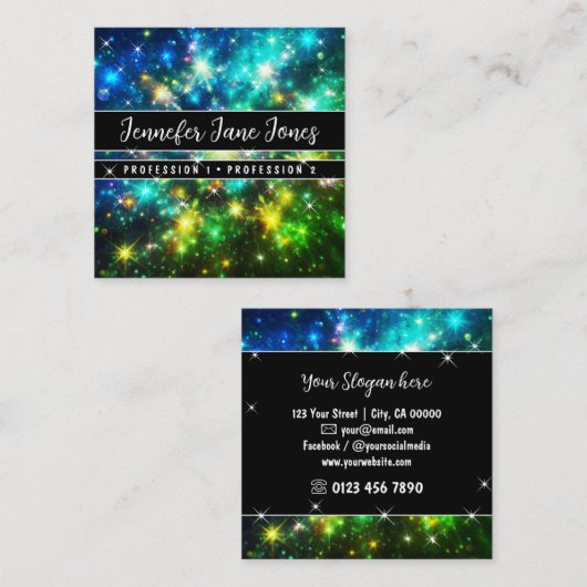 Heldergroene Galaxy Nebula Glitter Sterren Vierkante Visitekaartje (Voorkant / Achterkant)