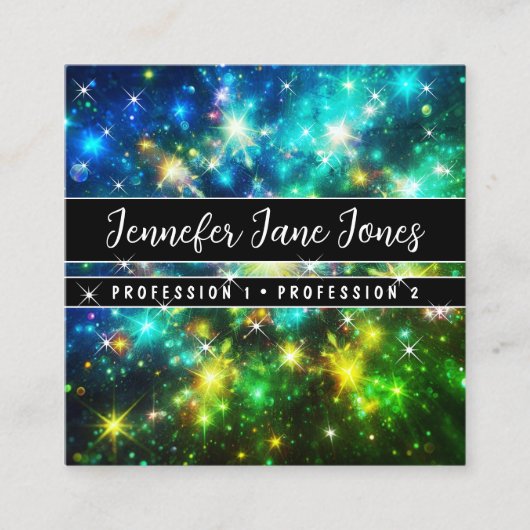 Heldergroene Galaxy Nebula Glitter Sterren Vierkante Visitekaartje (Voorkant)