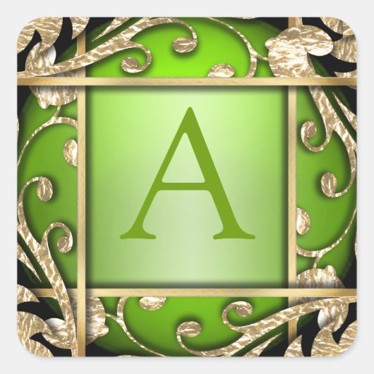 Heldergroene goudstaven monogram envelop vierkante sticker (Voorkant)