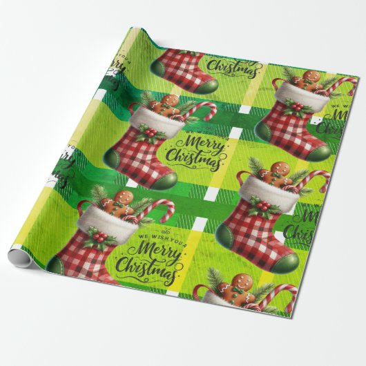 Heldergroene Kerst Geplaagd Vakantie Gingerbread Cadeaupapier (Uitgerold)