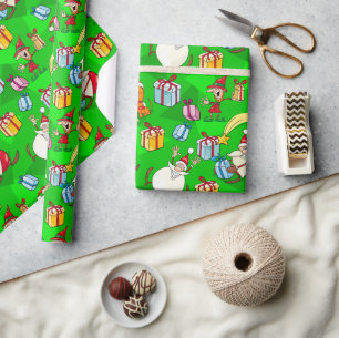 Heldergroene Kerstman & Elfen Kerstmis Cadeaupapier