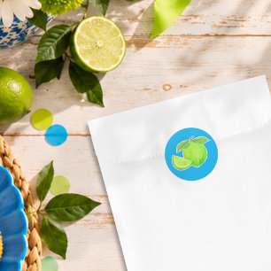 Heldergroene limoen op handgetekende blauwe citrus ronde sticker