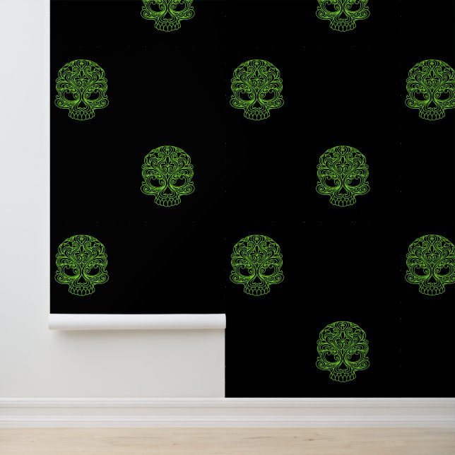 Heldergroene Sugar Skulls op zwart Behang (Applicatie)
