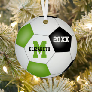 Heldergroene zwarte keepsake voetbalsporter metalen ornament