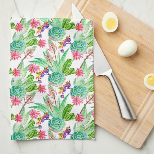 Helderheid Waterverf Cactus & Succulent Patroon Theedoek (Quarter Fold)