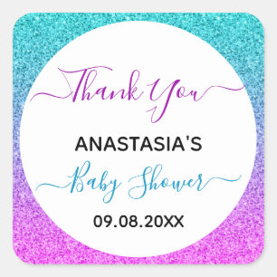 Helderkleurig blauw Paars Dank u Baby shower Vierkante Sticker