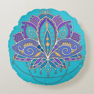 Helderkleurige Lotus flower op blauw blauwgroen Rond Kussen