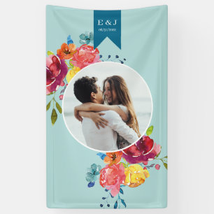Helderkleurige turkooise floral Wedding Spandoek