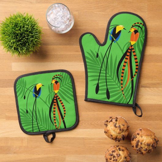 Helderkleurige vogels van het paradijs ovenwant & pannenlap set (Top down)
