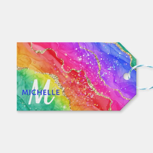 Helderregenboog en goudfaux Glitter Agate Monogram Cadeaulabel (Voorkant (Horizontaal))