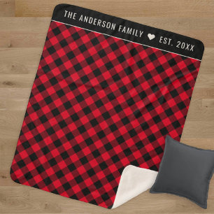 Helderrode Buffalo Plaid Gezinsmonogram Sherpa Deken