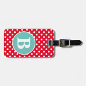 Helderrode en witte poka dot met Blauwgroen monogr Bagagelabel (Voorkant horizontaal)