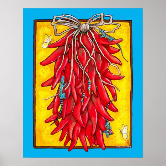 Helderrode gele Chili Pepper Ristra Lizard Poster (Voorkant)