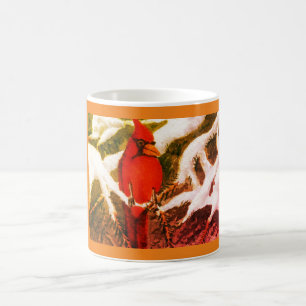 Helderrode kardinaal vogel in snowy pines Coffee M Koffiemok