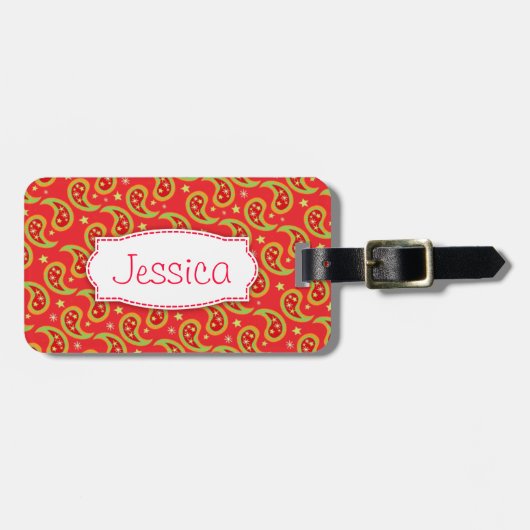 Helderrode kerstpaisley genaamd bagagelabel (Voorkant horizontaal)