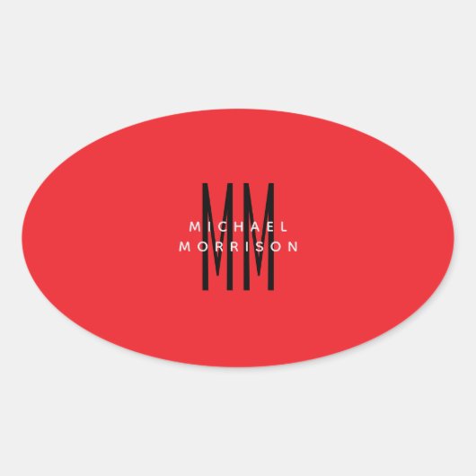 Helderrode kleur Monogram Initiaal Letters Naam Ovale Sticker (Voorkant)