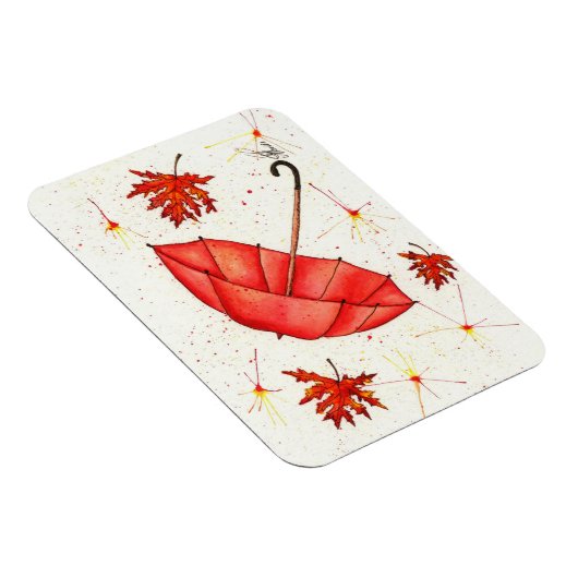 Helderrode paraplu en rode bladeren waterverf magneet (Rechterzijde)