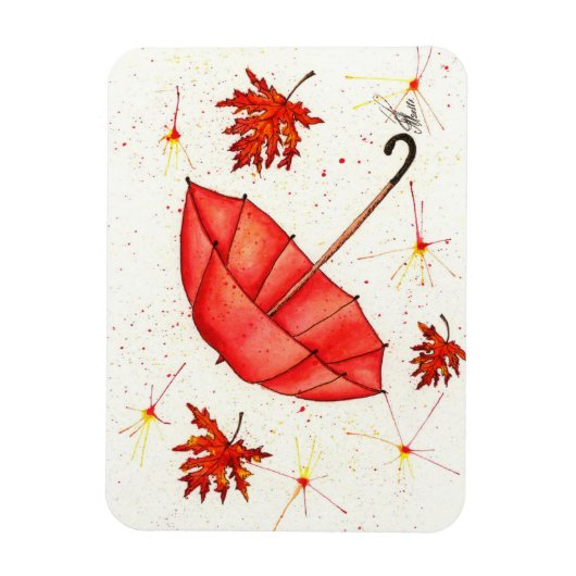 Helderrode paraplu en rode bladeren waterverf magneet (Verticaal)