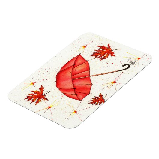 Helderrode paraplu en rode bladeren waterverf magneet (Linkerzijde)