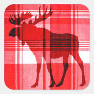 Helderrode plaid elanden rustieke vierkante sticke sticker
