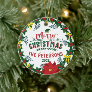 Helderrode Poinsettia kerstfamilie, adembenemend Keramisch Ornament