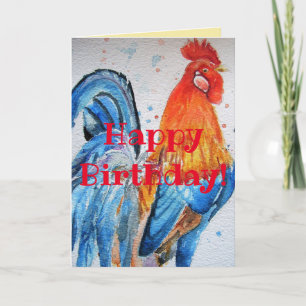 Helderrode rooster Waterverf Birthday Kaart