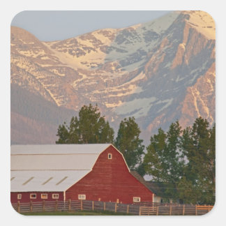Helderrode schuur tegen Mission Mountains in Vierkante Sticker