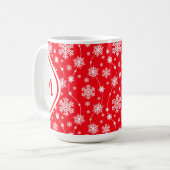 Helderrood en winter wit sneeuwvlok monogram koffiemok (Voorkant links)
