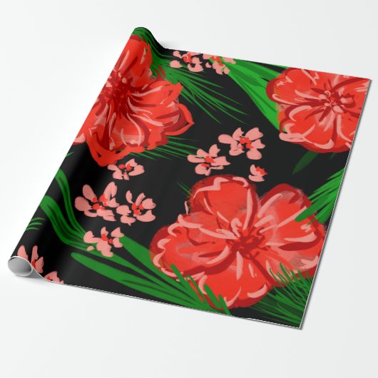 Helderrood Floral kerstontwerp Cadeaupapier (Uitgerold)