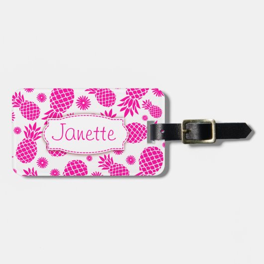 Helderroze ananas en bloem genaamd bagagelabel (Voorkant horizontaal)