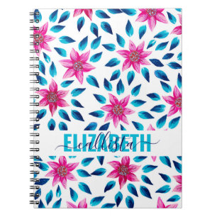 Helderroze blauwe bloemen bladeren Acrylmonogram Notitieboek