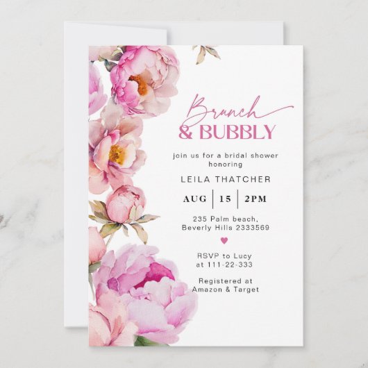Helderroze bloemenbrunch en bubbly bruids kaart (Voorkant)