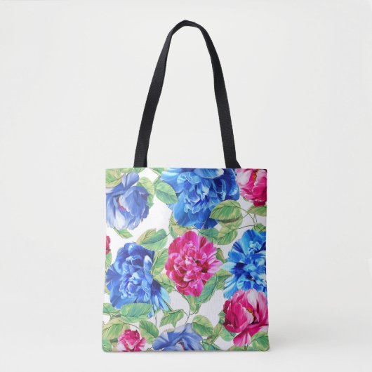 Helderroze en blauw Floral  patroon Draagtas (Voorkant)