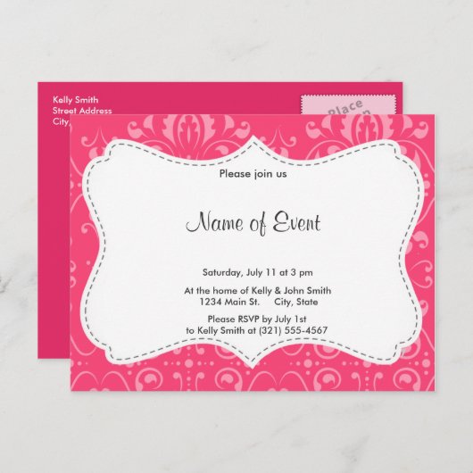 Helderroze Floral Pattern Uitnodiging Briefkaart (Voorkant / Achterkant)