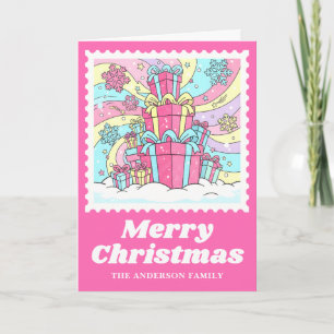 Helderroze geschenkdozen Postzegel Kerstmis Feestdagen Kaart