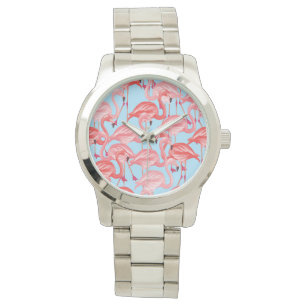 Helderroze lamingos op blauw horloge