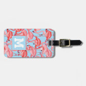Helderroze lamingos op blauw | Monogram Bagagelabel (Voorkant horizontaal)